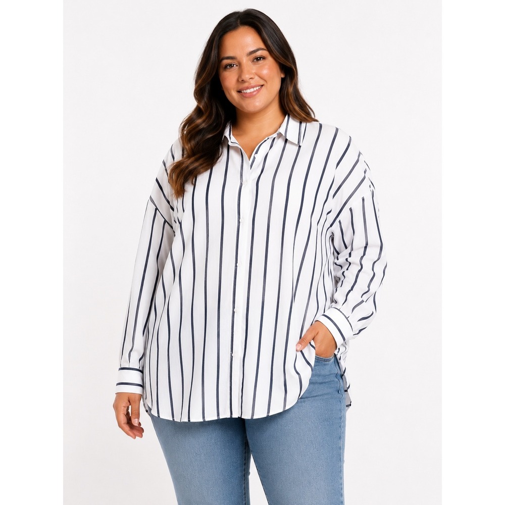 Lands End Womens No Iron‎ Long Sleeve Button Down Striped Shirt White Navy 14